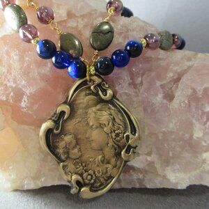 Mother and Child Blue Sodalite Necklace, Multi strand Bronze
